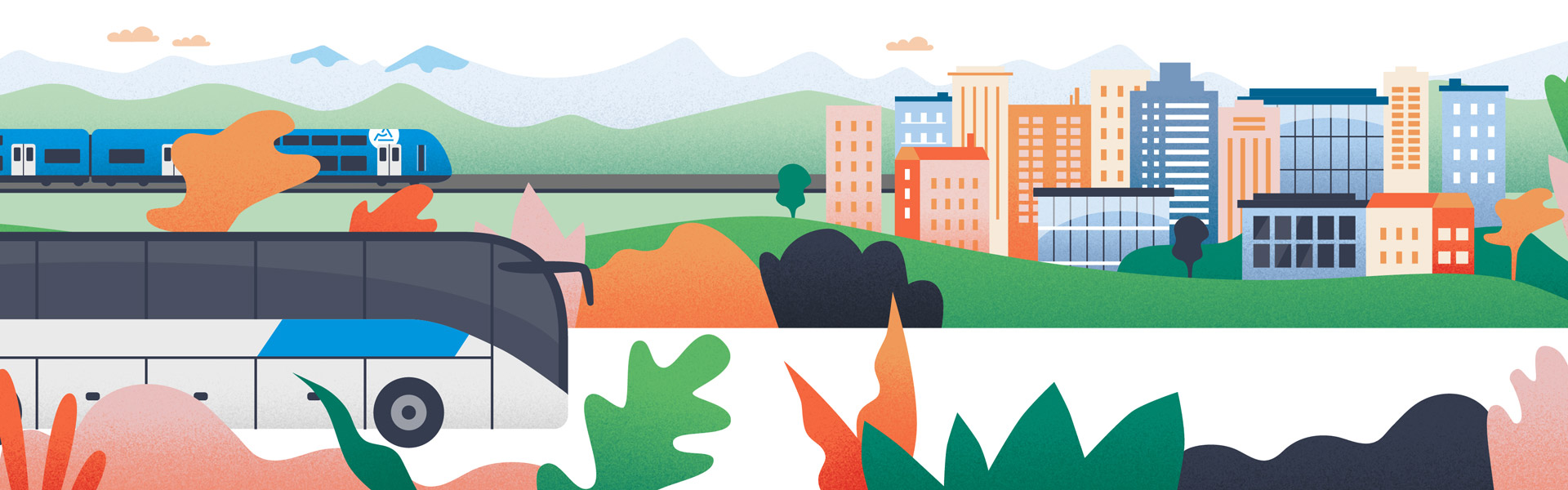 illustration pour motion design : plan grand paysage coloré avec ville, bus et train