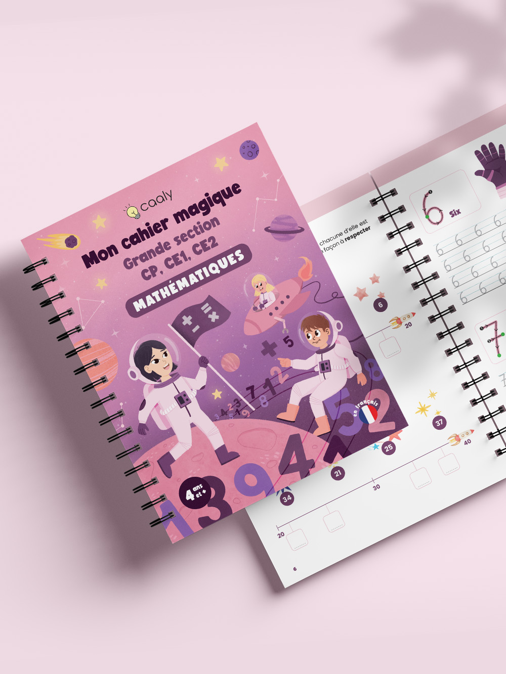 Illustration couverture cahier écriture pour enfants : illustration tons violets thème espace
