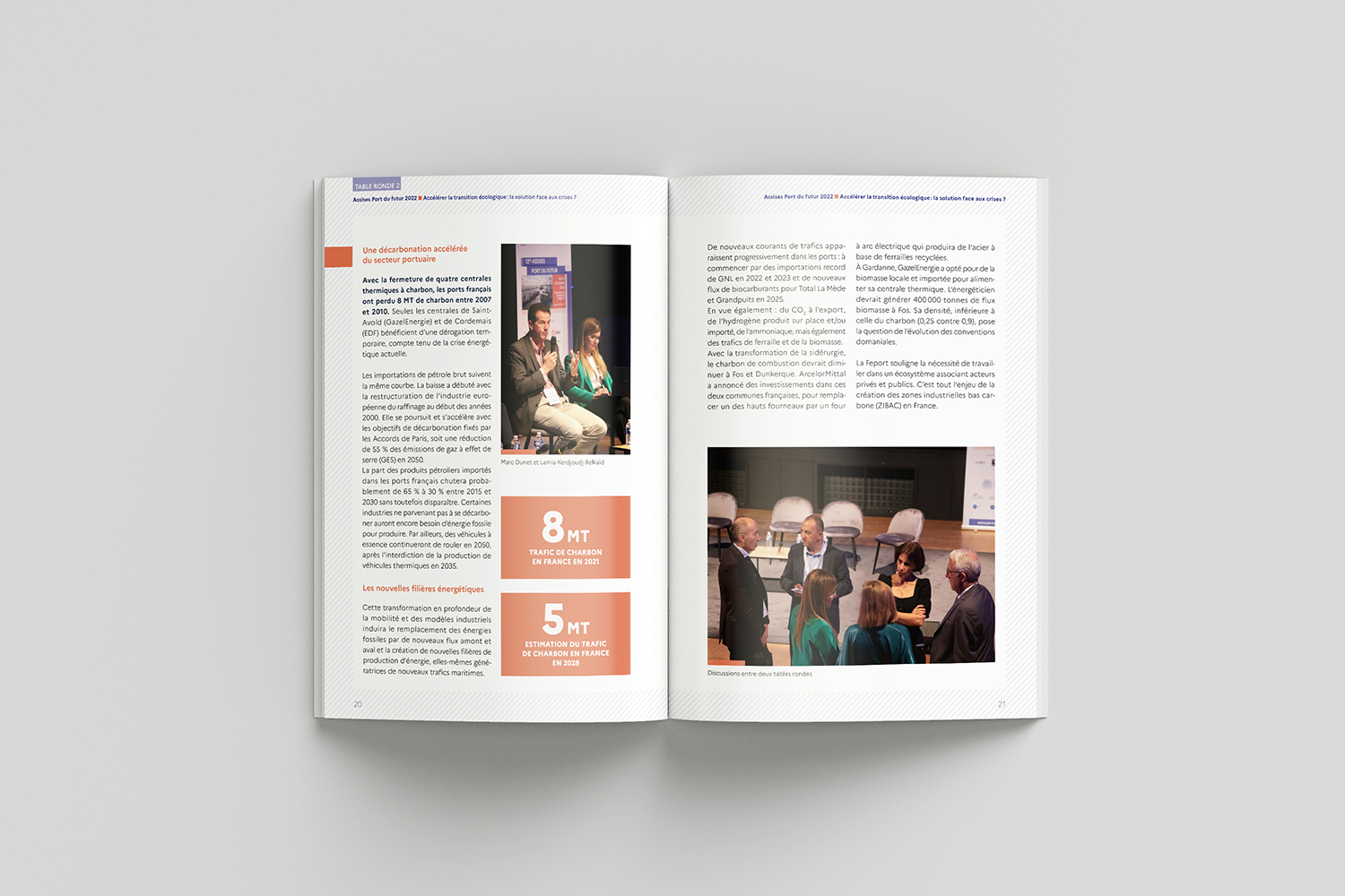 Mise en page brochure Cerema : double page intérieure, Actes des Assises Port du Futur