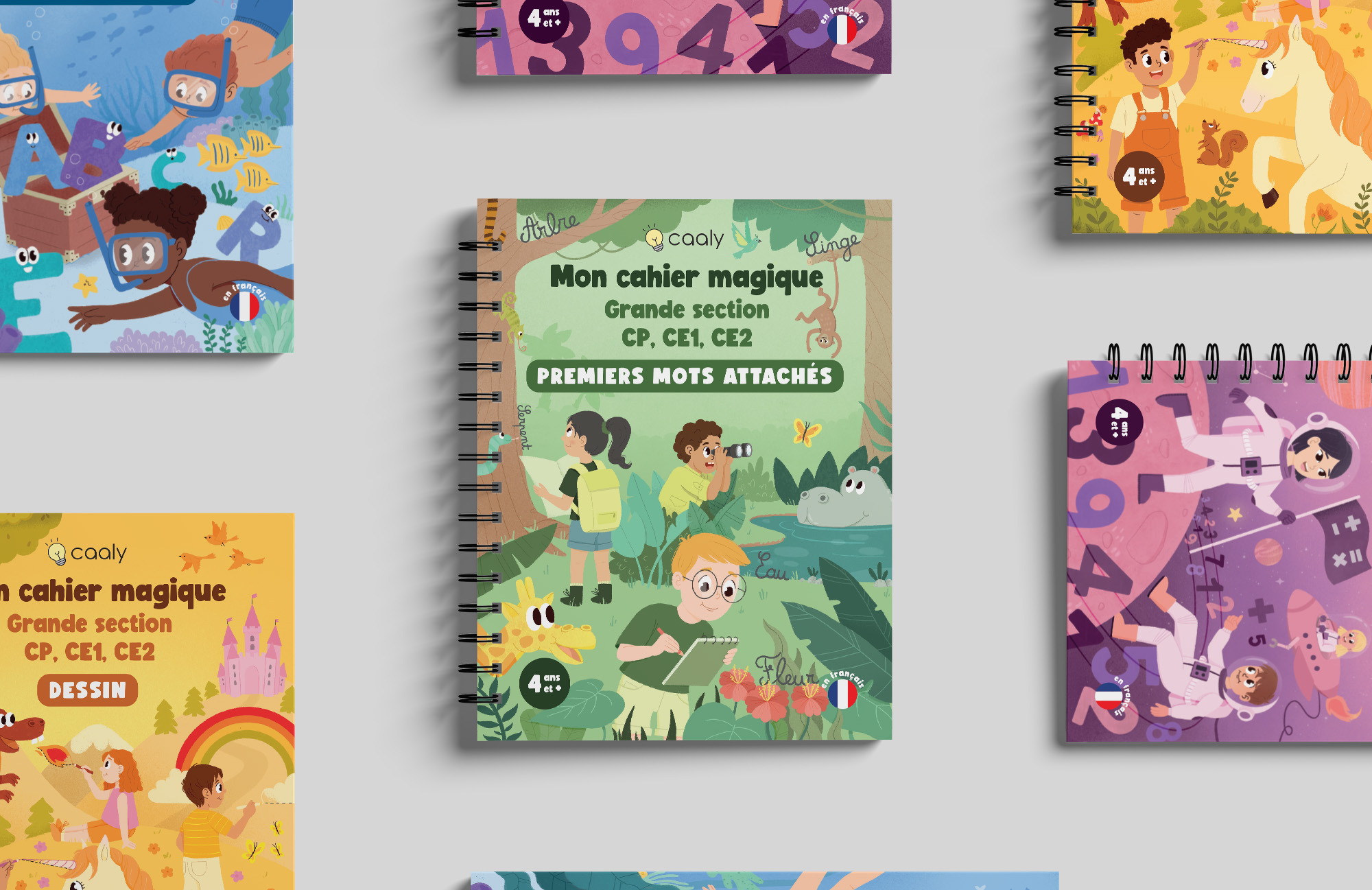 4 couvertures illustrées, cahiers écriture jeunesse : alphabet, maths, mots attachés, dessin